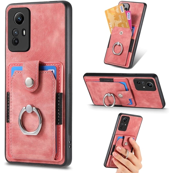 Slim fit Wallet Phone Case for Redmi Note 12S, Portable Ring Design PU Leather Case, Safety Button and Cards Slot Cover for Redmi Note 12S,DK Pink