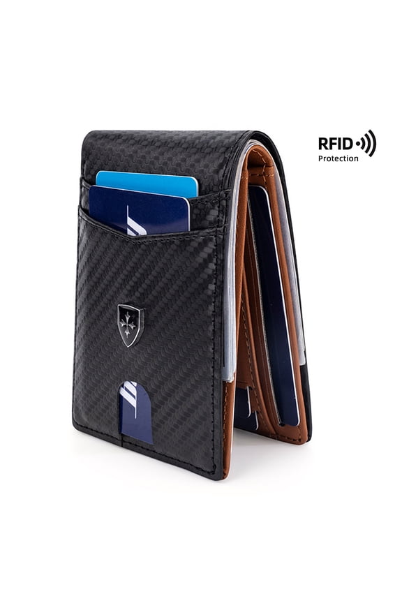 Slim, minimalist leather wallet with 11 card slots and RFID blocking. Holds 15-20 bills yet stays under 0.8" thick. Perfectly sized for front pockets and comes in a gift box.