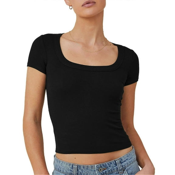 Slim short sleeve top solid square neck breathable women's commuter t-shirt