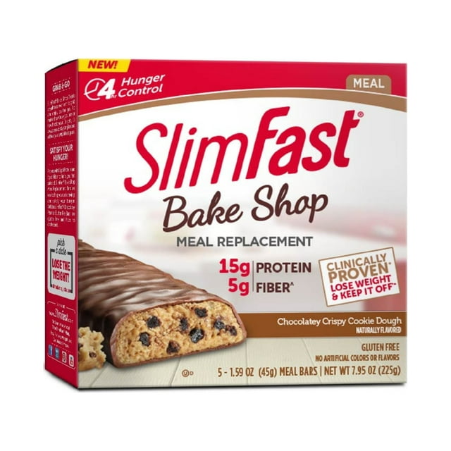 SlimFast Bake Shop Chocolatey Crispy Cookie Dough Meal Replacement Bar, 1.59 Oz, 5 Count