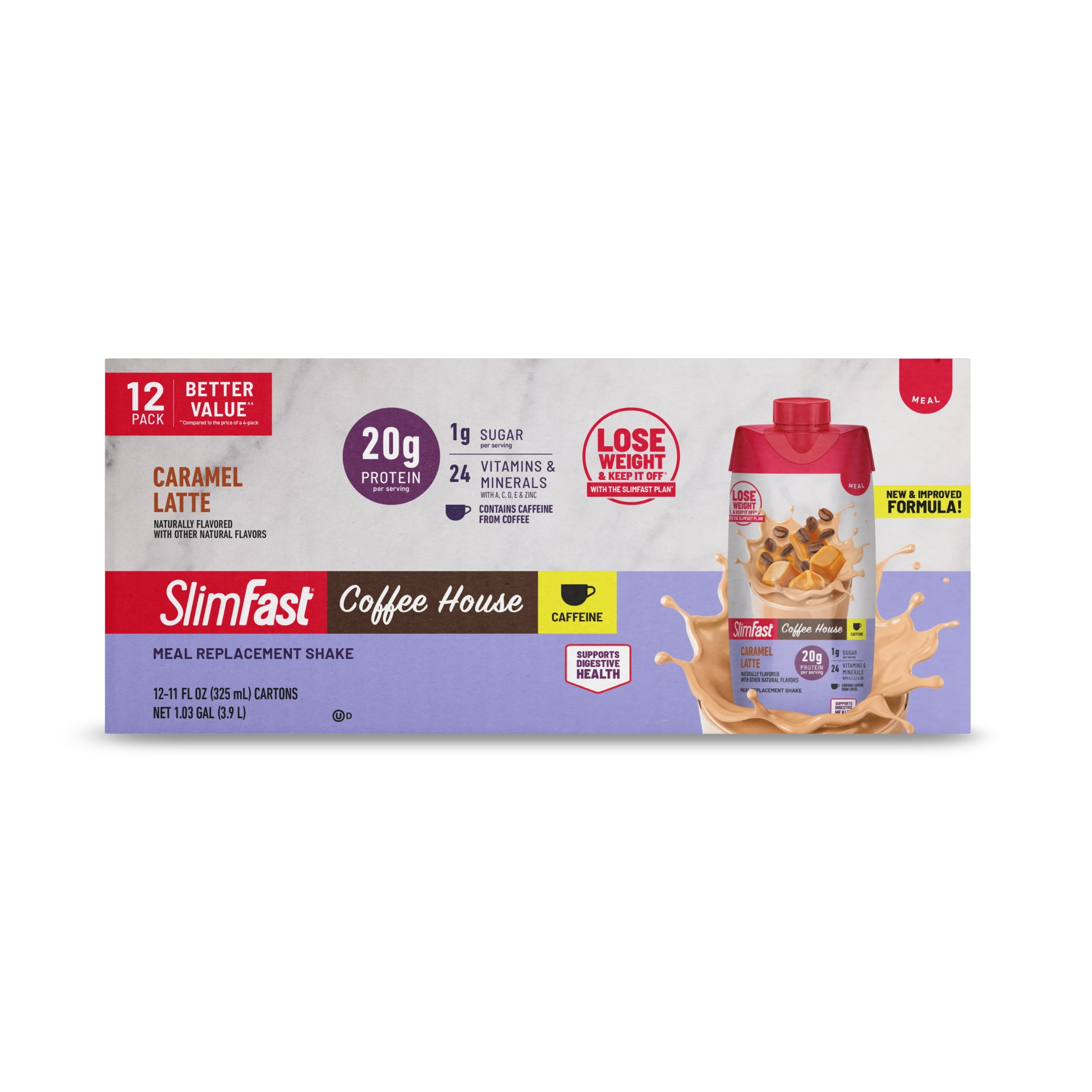 SlimFast High Protein 20g Energy Ready To Drink Meal Replacement Shake Coffee House Caramel Latte, 11oz, 12ct