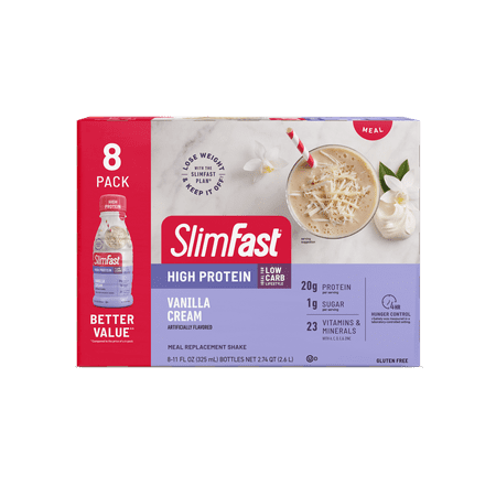 SlimFast High Protein Shake Meal Replacement Shake, Vanilla Cream, 11 Fl Oz Bottle, 8 Pack