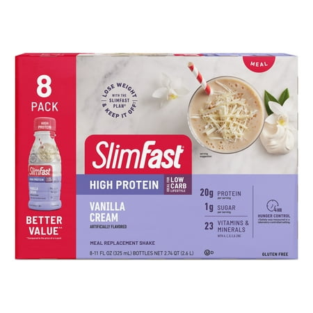 SlimFast High Protein Shake Meal Replacement Shake, Vanilla Cream, 11 Fl Oz Bottle, 8 Pack