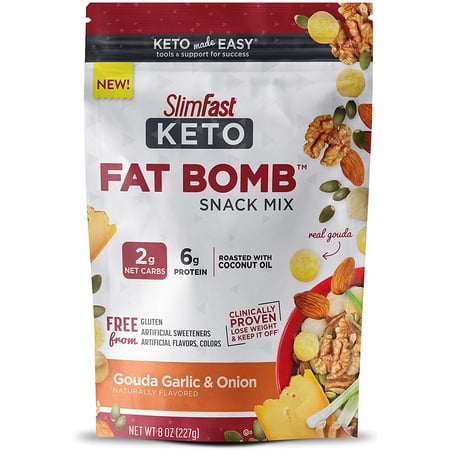 SlimFast Keto Fat Bomb Snack Mix, Gouda Garlic & Onion, Keto Snacks for Weight Loss, Low Carb with 6g of Protein, 8 Oz Bag