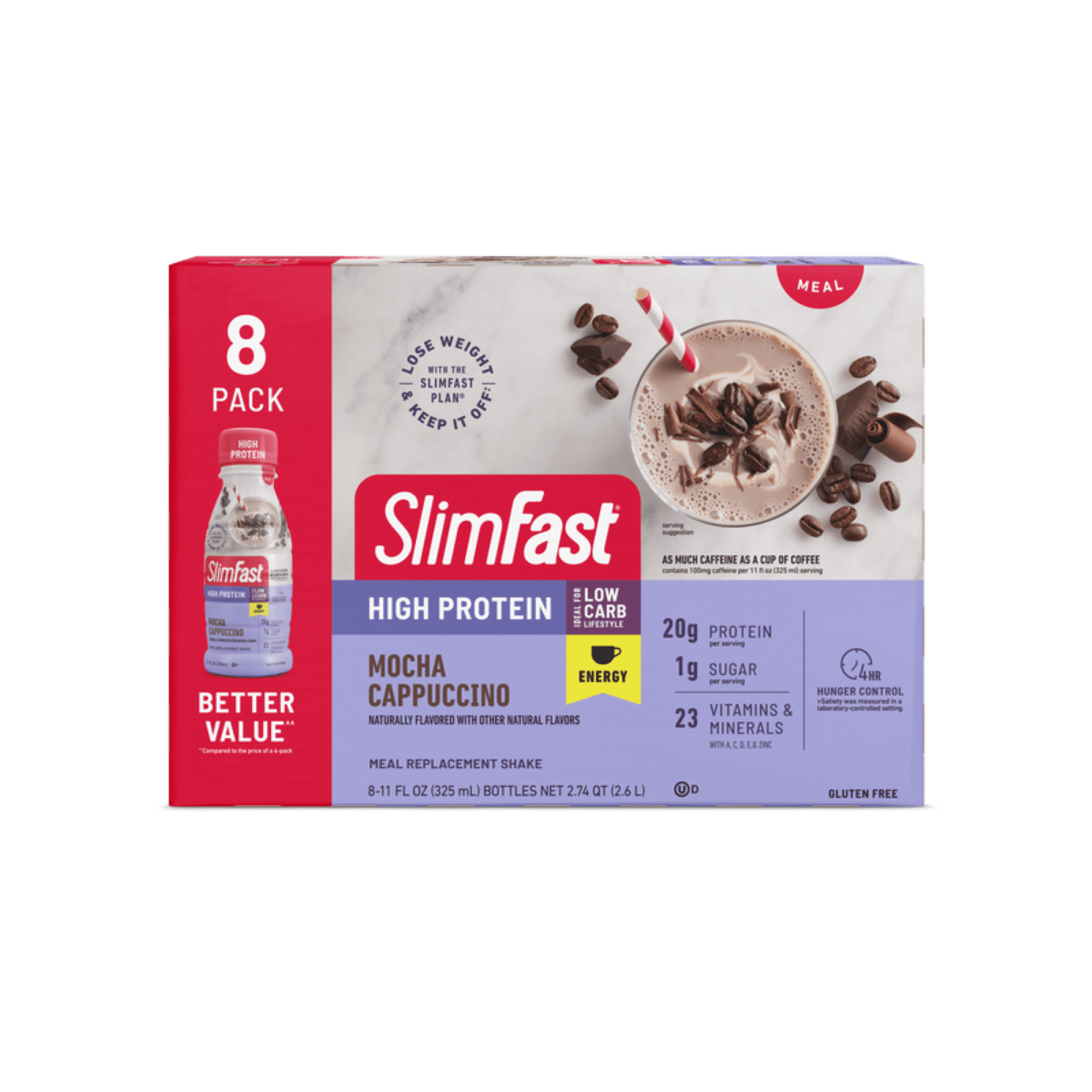 SlimFast Meal Replacement Energy High Protein Shake, Mocha Cappuccino, 11 Fl Oz Bottle, 8 Pack