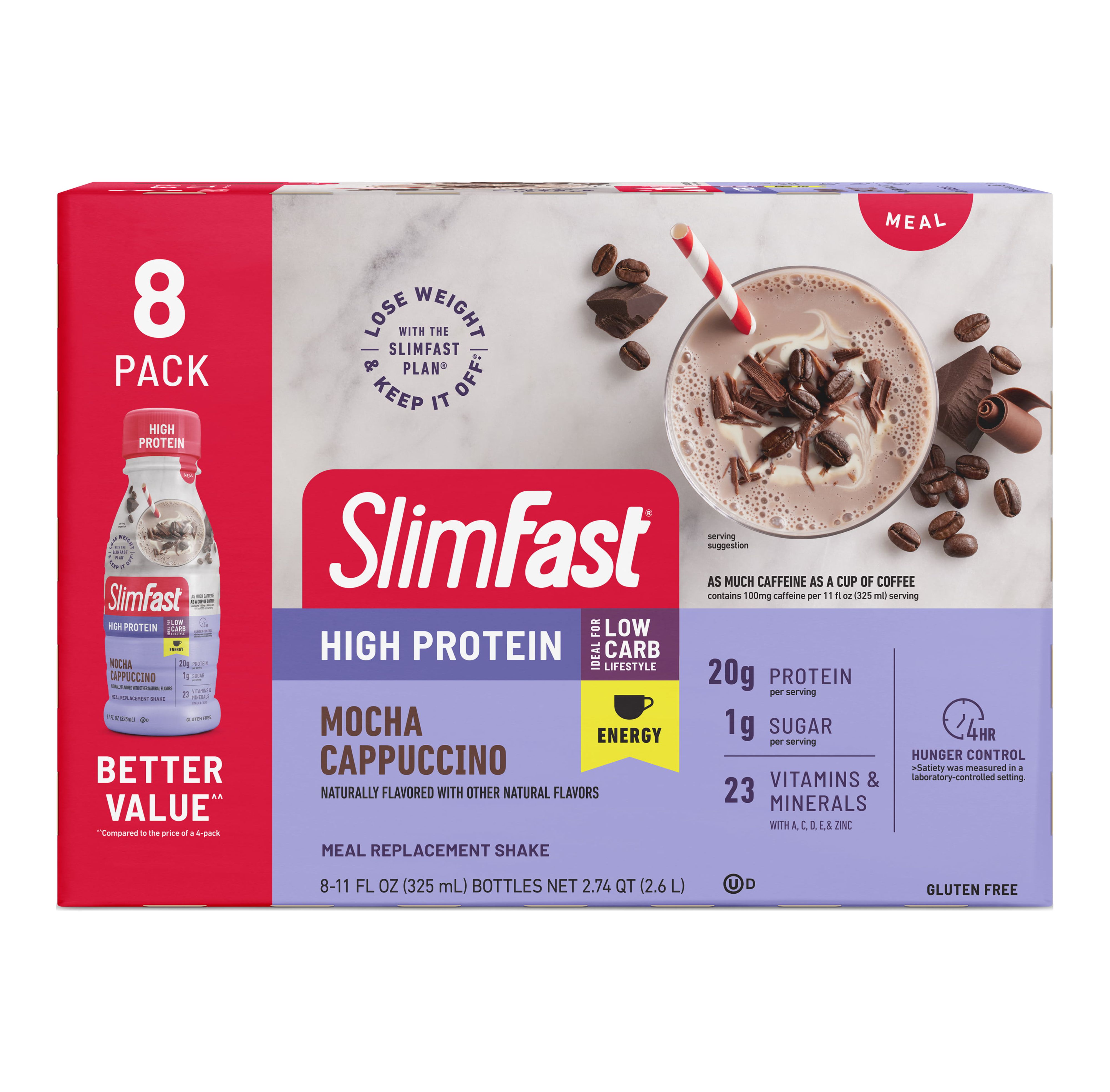 SlimFast Meal Replacement Energy High Protein Shake, Mocha Cappuccino, 11 Fl Oz Bottle, 8 Pack - image 1 of 6