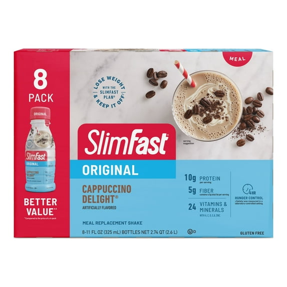 SlimFast Meal Replacement Protein Shake, Cappuccino Delight, 11 Fl Oz Bottle, 8 Pack