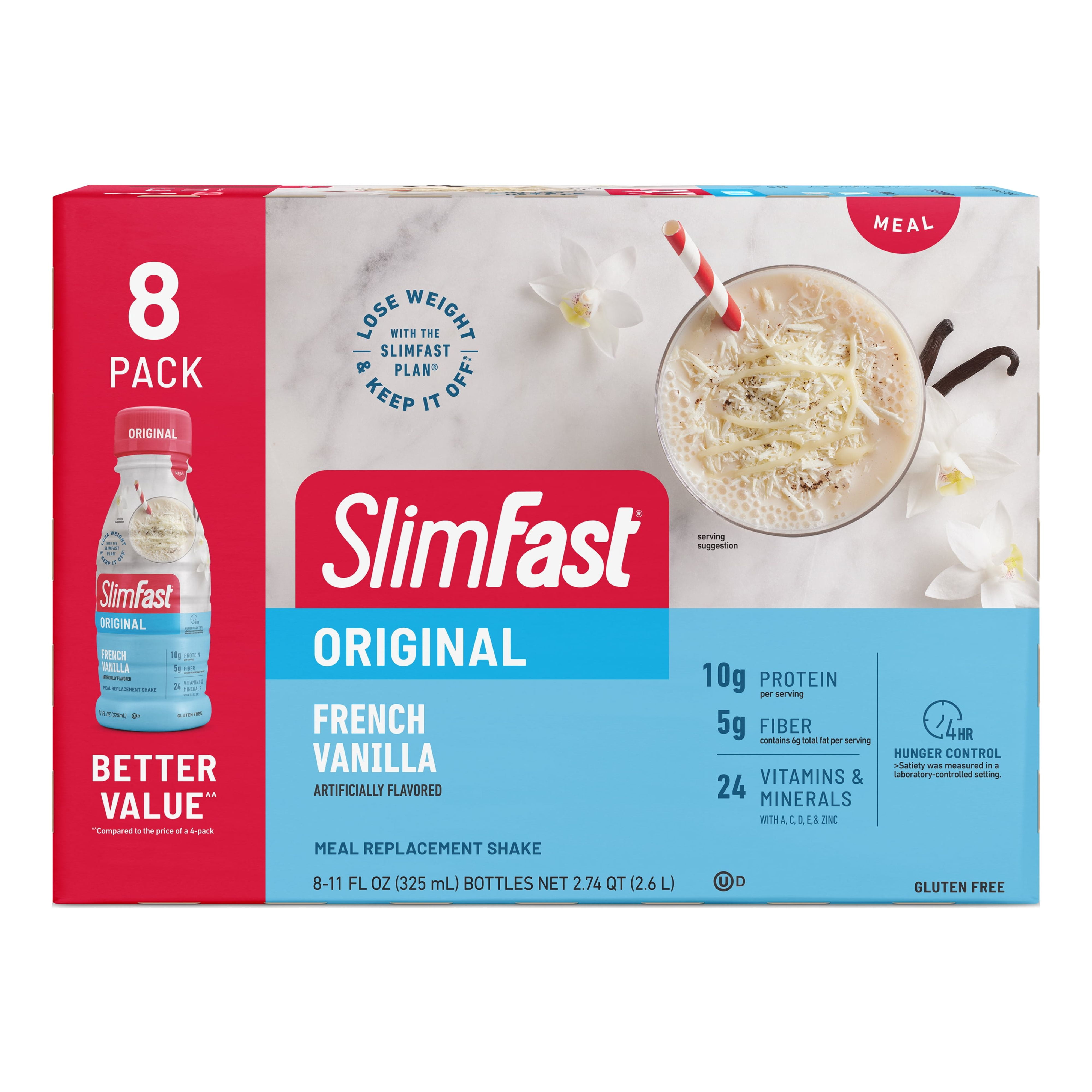 SlimFast Meal Replacement Protein Shake, French Vanilla, 11 fl oz Bottle, 8 Pack