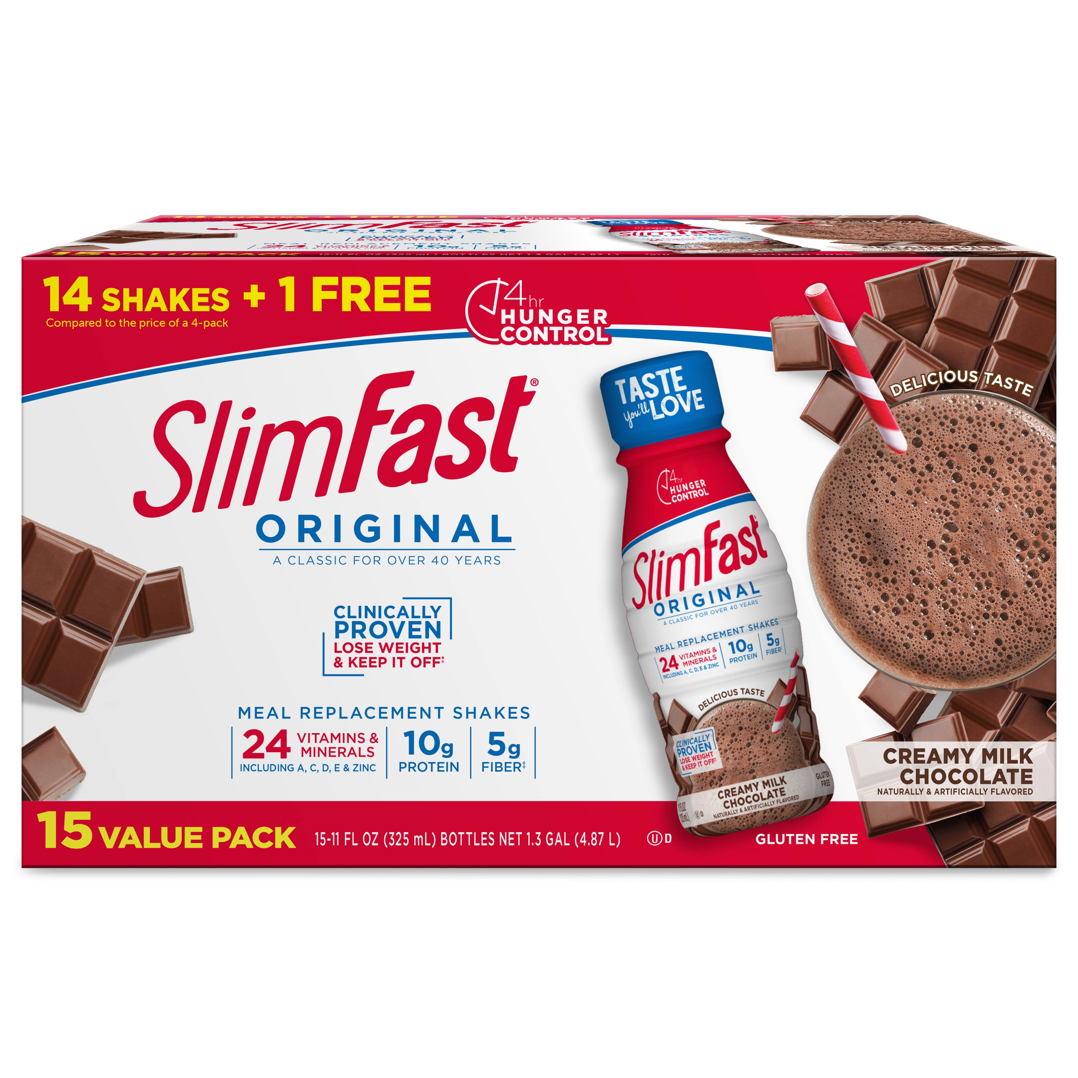 SlimFast Original Meal Replacement Shakes, Creamy Milk Chocolate, 11 fl oz, 15 Ct - image 1 of 7