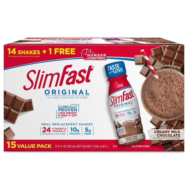 SlimFast Original Meal Replacement Shakes, Creamy Milk Chocolate, 11 fl oz, 15 Ct