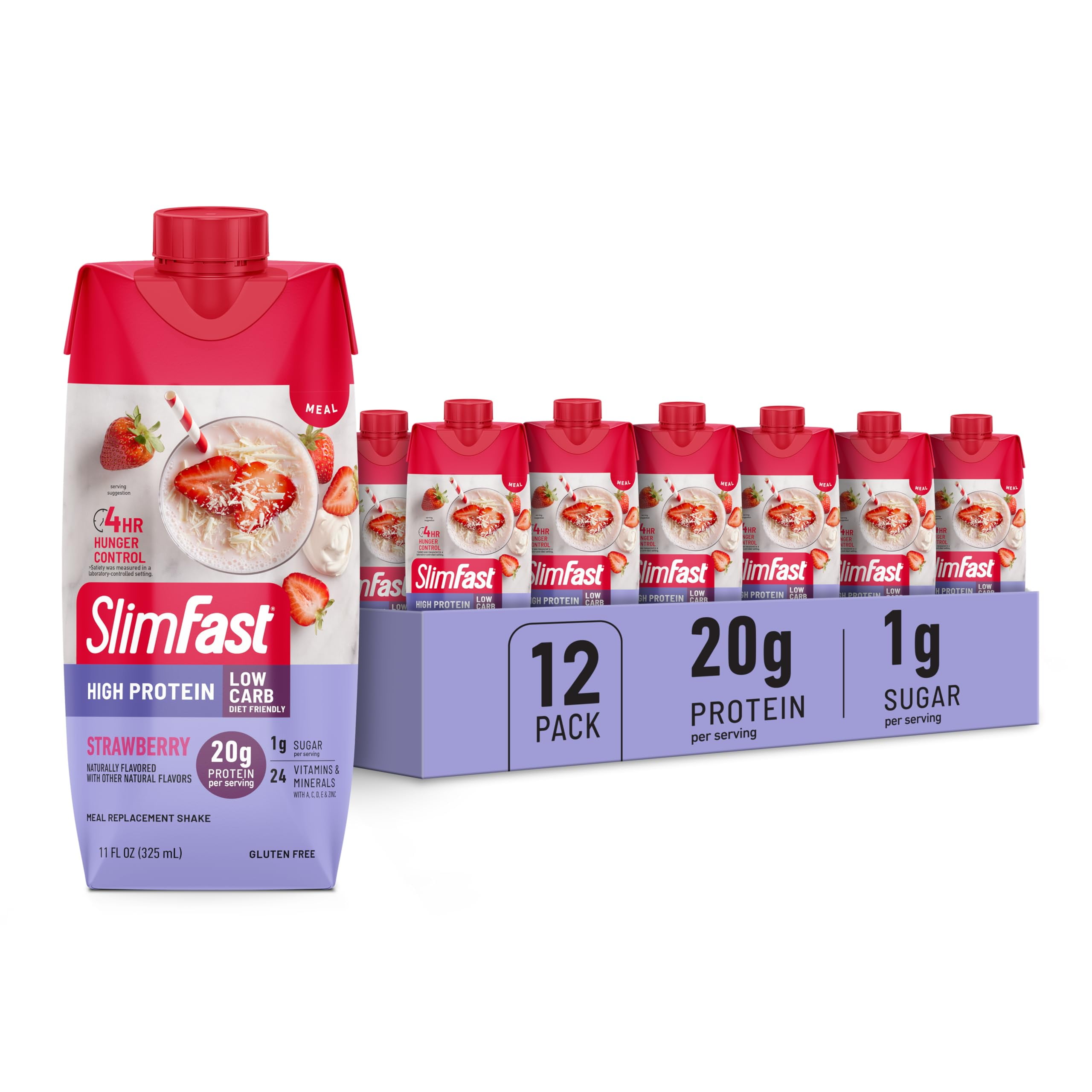 SlimFast Protein Shake, Strawberry- 20g Protein, Meal Replacement Shake Ready to Drink, High Protein with Low Carb and Low Sugar, 24 Vitamins and Minerals, 12 Count (Pack of 1)