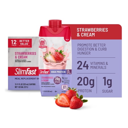 SlimFast Protein Shake, Strawberry- 20g Protein, Meal Replacement Shake Ready to Drink, High Protein with Low Carb and Low Sugar, 24 Vitamins and Minerals, 12 Count (Pack of 1)