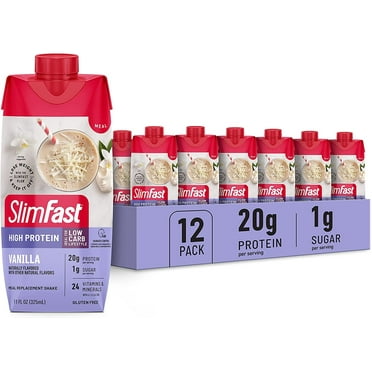 SlimFast Protein Shake, Vanilla- 20g Protein, Meal Replacement Shake Ready to Drink, High Protein with Low Carb and Low Sugar, 24 Vitamins and Minerals, 12 Count (Pack of 1)