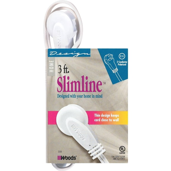 SlimLine 2235 Flat Plug Extension Cord, 2-Wire, White, 3-Foot 12 Pack