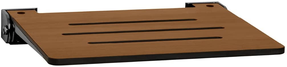 Rustic Teak Folding Wall Mount Shower Bench Seat with Matte Black Frame