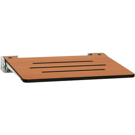 SlimLine Folding Wall Mount Shower Bench Seat, Teak Seat with Silver Frame