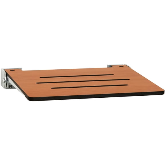 SlimLine Folding Wall Mount Shower Bench Seat, Teak Seat with Silver Frame