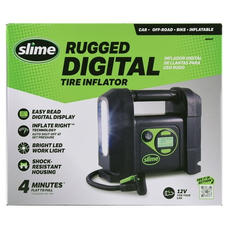 Slime 40047 Tire Inflator, Portable Car Air Compressor, Rugged, Inflate Right automatic shut off, with Digital 99 psi Display, Long Hose and LED Light, 12V, 4 min inflation - 40047