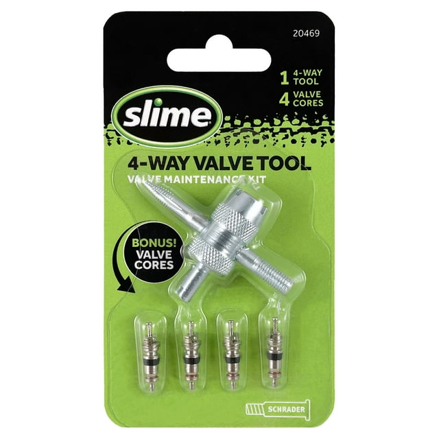 Slime 4way Valve Core Tool & 4 Replacement Valve Cores 20469