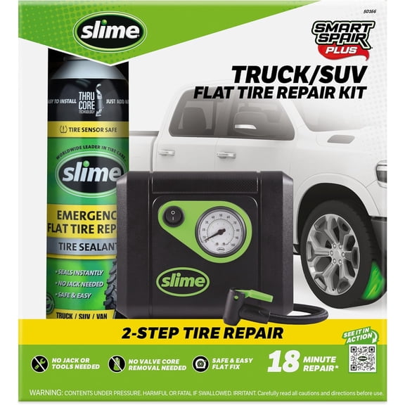 Slime 50166 Flat Tire Puncture Repair, Smart Spair Plus, Emergency Kit for Car Tires, Includes Sealant and Tire Inflator Pump, Suitable forTruck/SUV, 18 Min Fix