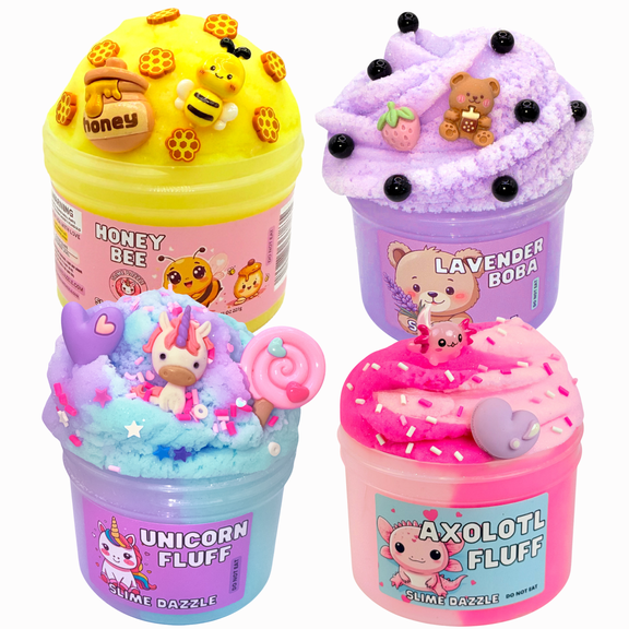 Slime Beginner Bundle 4 Pack 8 Fl Oz Each Cloud Slime Kit, Non-Sticky, Soft & Fluffy Scented Slime Set for Kids & Adults Honey Bee, Unicorn Fluff, Lavender Boba & Axolotl Fluff Made in USA