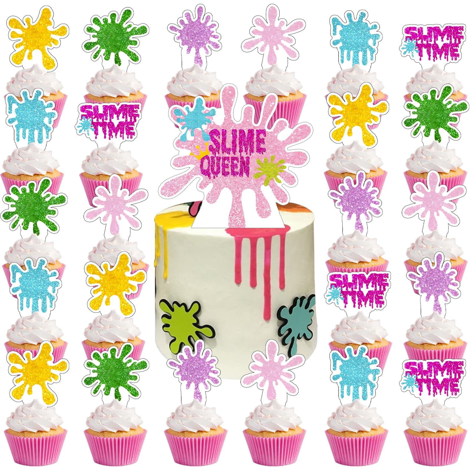 Slime Cake Topper For 8th Birthday - Glitter Paper Decoration For Slime Themed Party Cakes, 6.3" X 4.7"