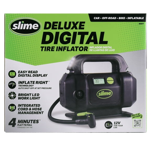 Slime Deluxe 12V Digital Tire Inflator with LED Light, 4-Min Inflation, Auto Shutoff