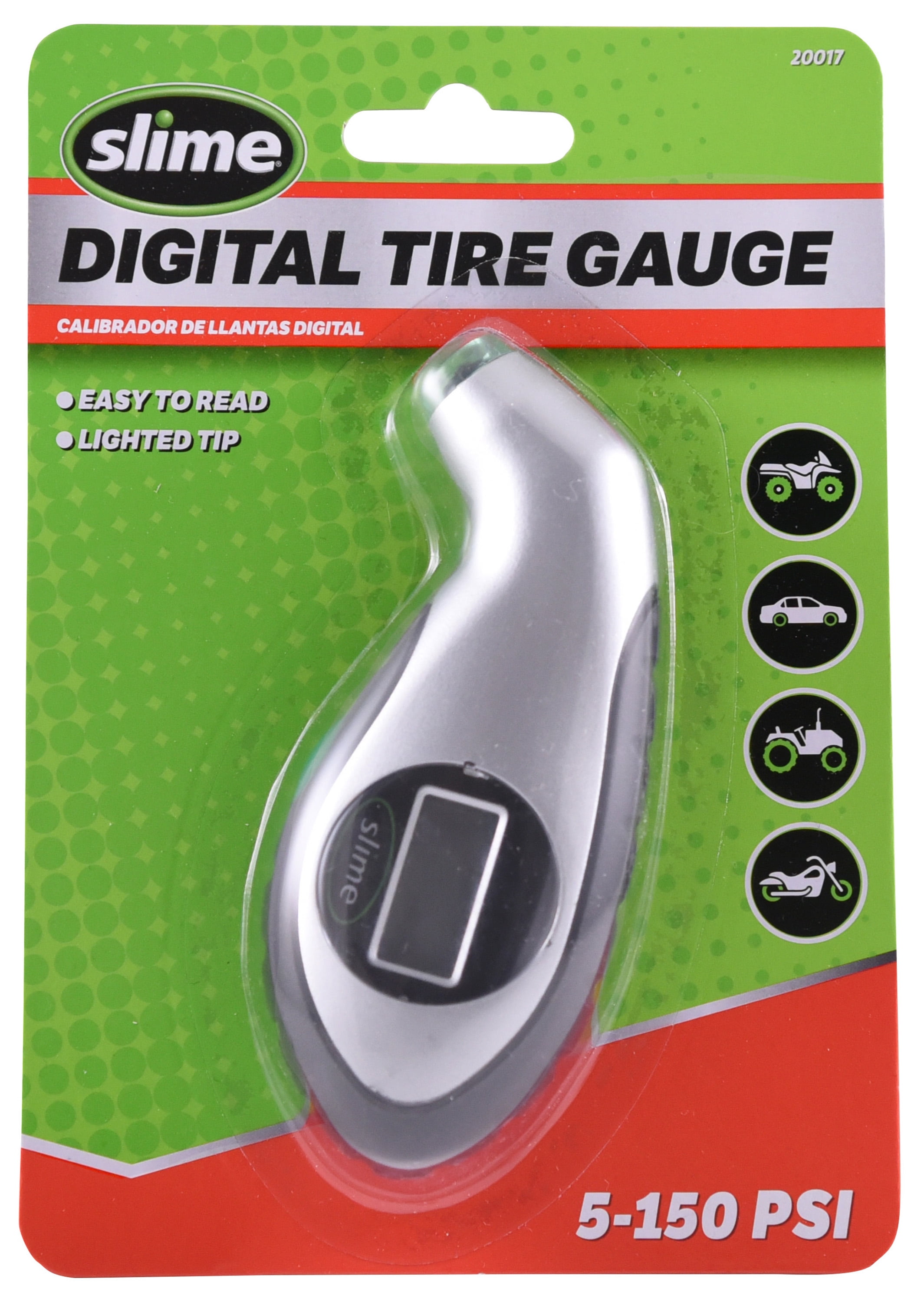 Slime Digital Tire Pressure Gauge with Lighted Tip 5150 PSI Silver