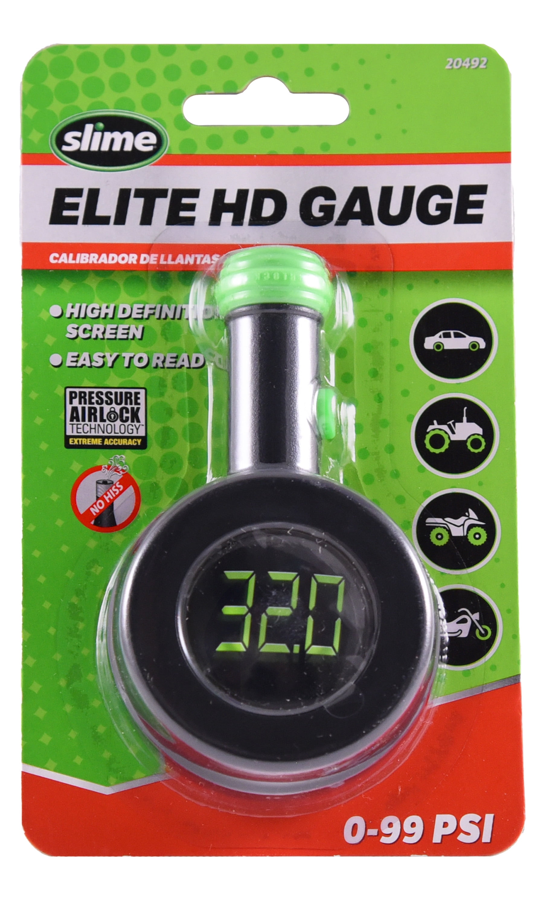 Slime Elite HD Tire Gauge 0-99 Psi, Pressure Airlock Technology, Super Bright Screen Black - 20492w