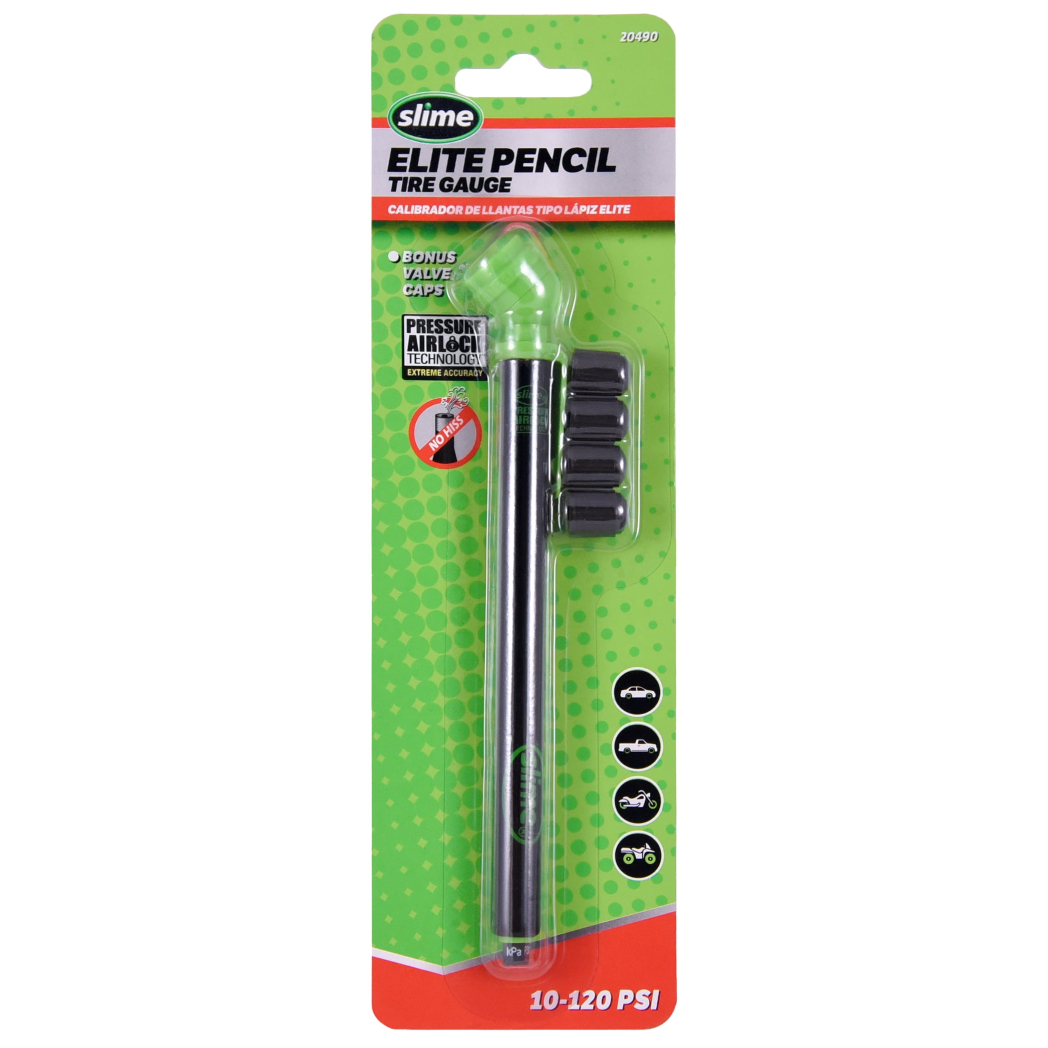 Slime Elite Black Pencil Tire Pressure Gauge 10-120 Psi for Schrader Valve Stems