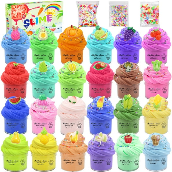 Slime Kit for Girls Ages 8-12, 24 Pack Butter Slime Kit with Cake Charms, Stress Relief Toy for Girls and Boys Party Favors and Birthday Gift, Christmas Stocking Stuffers