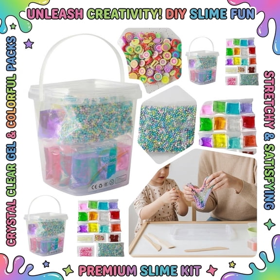 Slime Kit for Kids, 12 Crystal Slimes with Storage Box, Glow Powder, Fruit Slices, Glitter, Sugar Paper, Foam Balls, Creative DIY Slime Making Supplies for Boys Girls, Party Favors