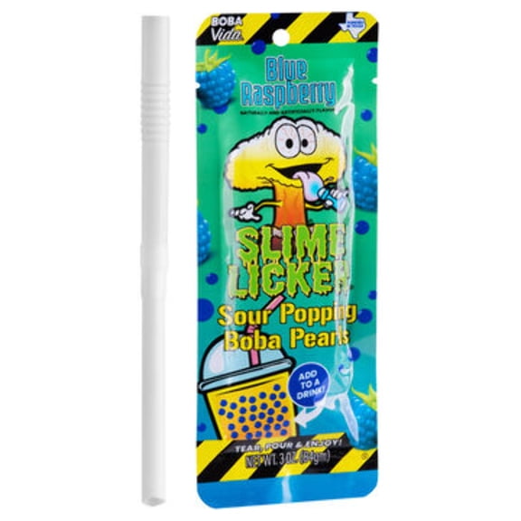 Slime Licker Sour Popping Boba Pearls with Boba Straws for Beverage, Drinks, Sweet Snacks, Dessert Toppings, 3 Oz (10 Pack) - Blue Raspberry