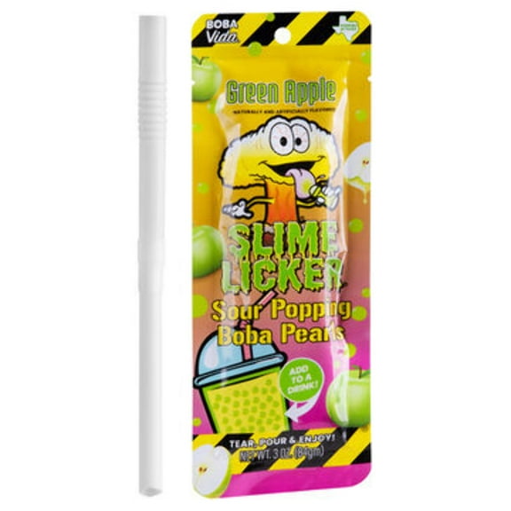 Slime Licker Sour Popping Boba Pearls with Boba Straws for Beverage, Drinks, Sweet Snacks, Dessert Toppings, 3 Oz (10 Pack) - Green Apple