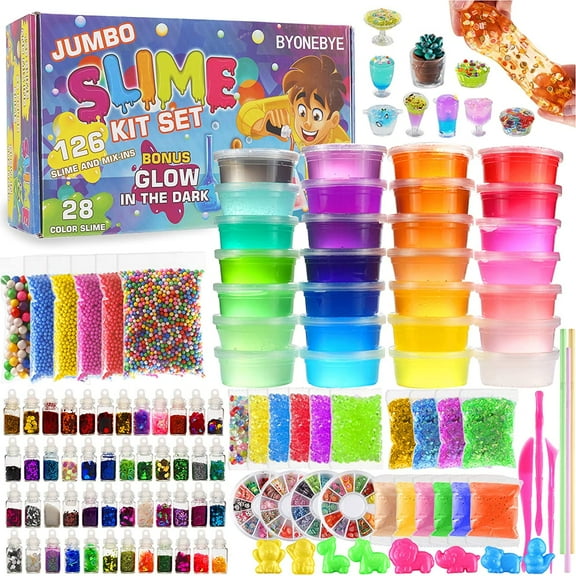 Slime Making Kit, 126-Piece DIY Set With 28 Crystal Slimes, 48 Glitter Bottles, 2 Glow-In-The-Dark Powders, Craft Supplies for Kids Ages 5+