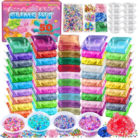 Slime Making Kit, 50 Pack Premade Crystal Clear Slime With Add-Ins, Foam Balls And Glitter, DIY Party Favor Toy Set For Kids Ages 3 To 12