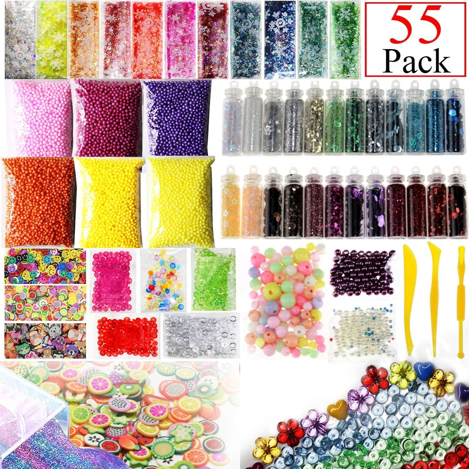 Holiday Foam Beads for Slime 20 Pack Supplies Kit - Include Colorful Pastel  & Dark Colors Foam Balls, Confetti & Charms Flatback + Slime Tools Set 