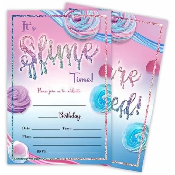 It's Slime Time! Birthday Invitations, 20 Double-Sided Fill In Colorful Slime Birthday Invite Cards With Envelopes For Kids, Teens, Boys & Girls, Party Favor & Decorations - C05