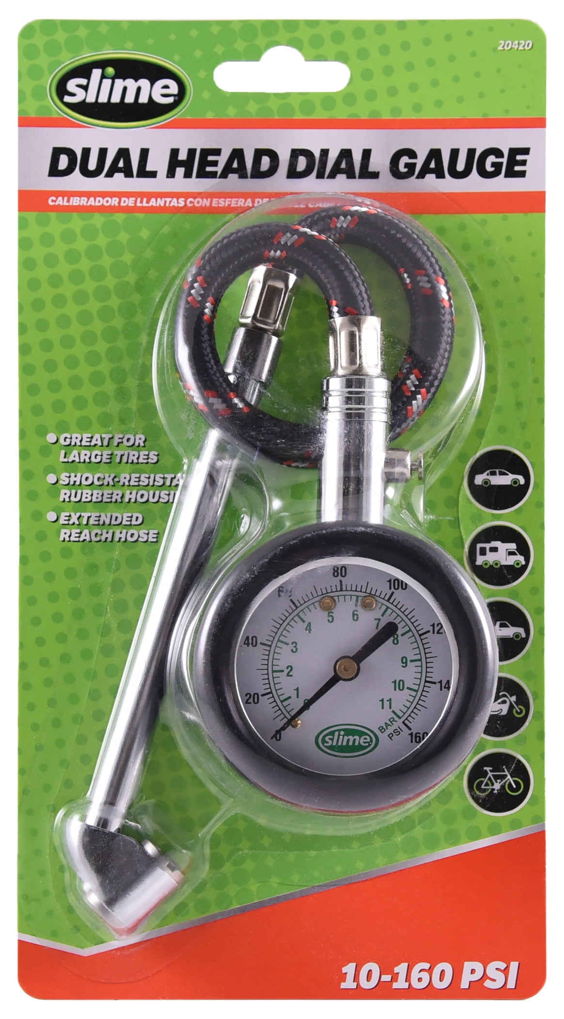 Slime Tire Gauge, Dual Head, Dial Gauge with Hose, Tire Sensor Safe, 10-160 Psi, Silver Color, 10.5" Long - 20420