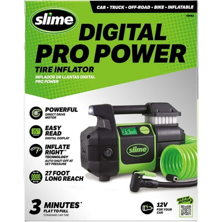 Slime Tire Inflator, Portable Car, SUV, 4x4 Air Compressor, Elite Heavy Duty, Inflate Right Automatic Shut off, with Digital 99 Psi Display, Long Hose and LED Light, 12V, 3 Min Inflation - 40063