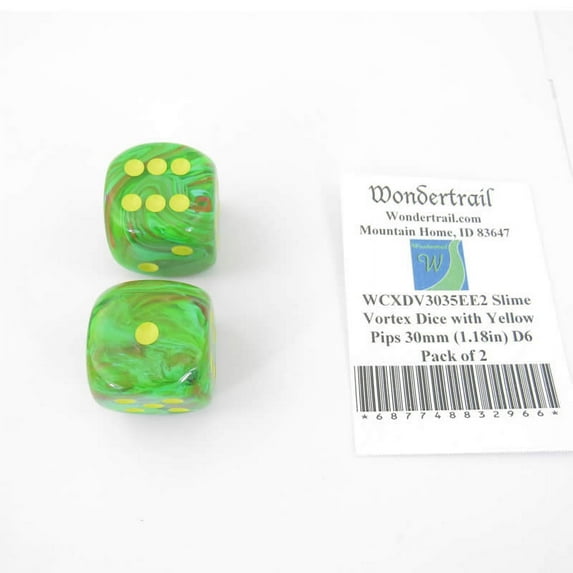 Slime Vortex Dice with Yellow Pips 30mm (1.18in) D6 Pack of 2 Wondertrail