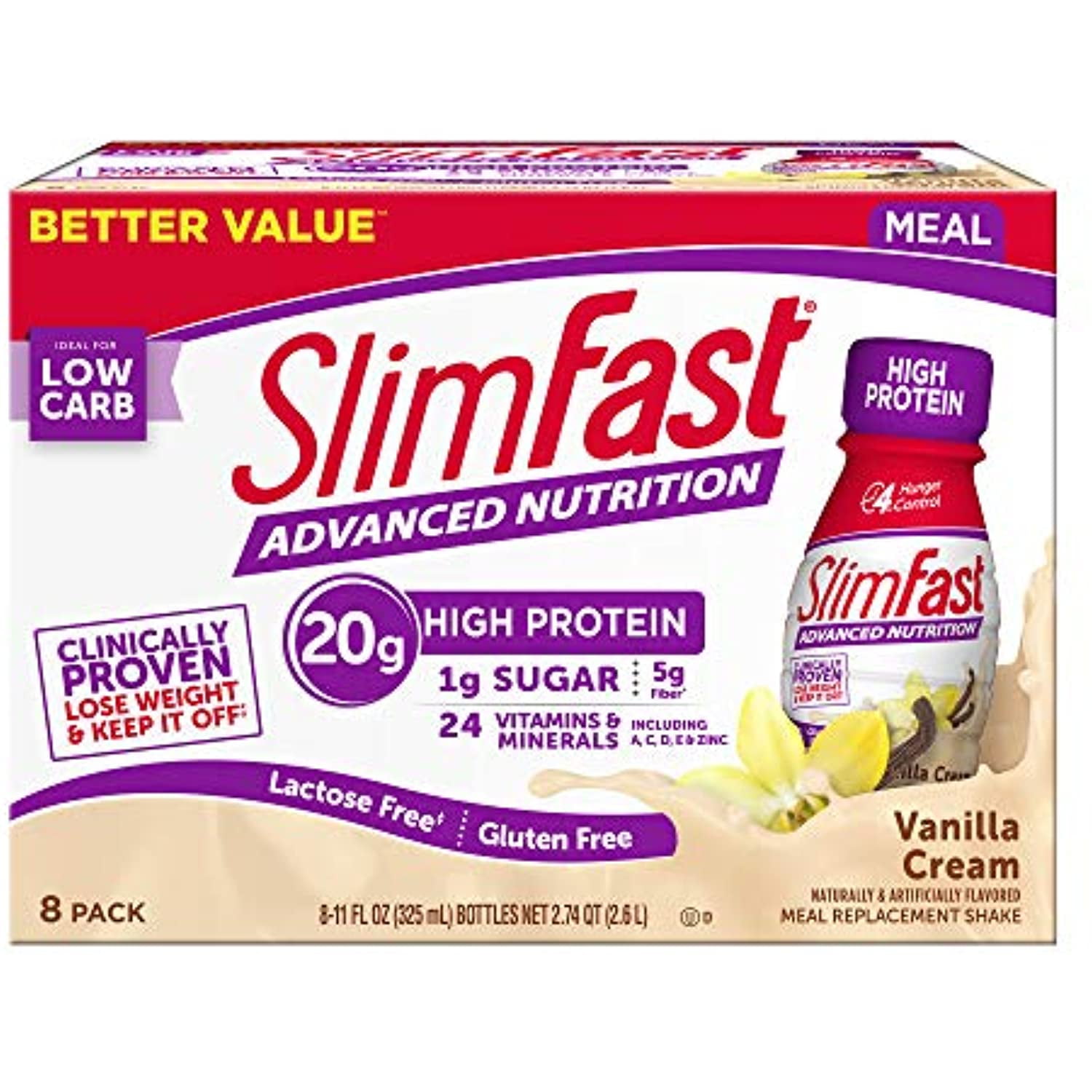SlimFast Meal Replacement Smoothie Mix, 24 Servings, High Protein, Vanilla  Cream, 20g of Protein with Milk, 12 Servings (Pack of 2) (Packaging May