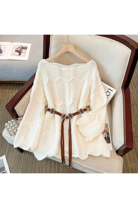 Slimming Knitted Sweater Long Sleeve Pure Color Belted Waist Design Fashionable Women's Clothing