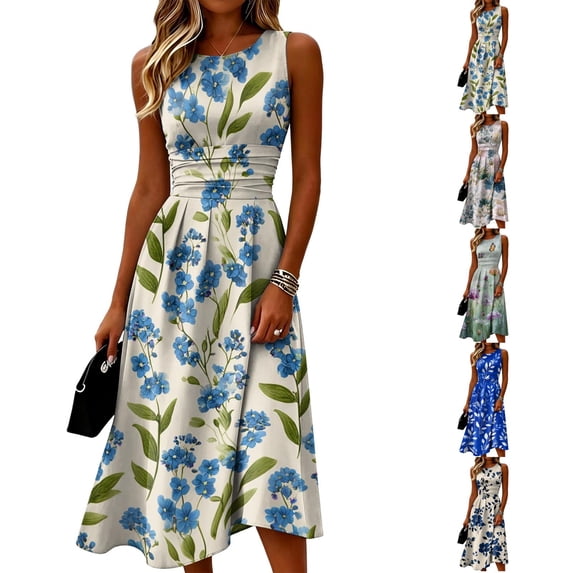 Slimming Ruched Waist Sleeveless Midi Dress for Women - Elegant Round Neck A-Line Sundress with Botanical Floral Print, Flowy Summer Beach Vacation Party Gown Navy XL