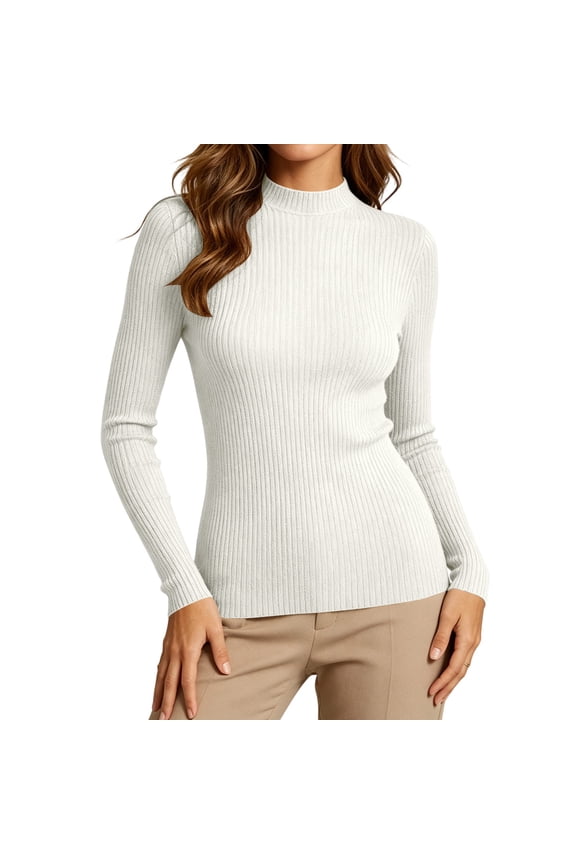 Slimming Sweaters for Women Mock Neck Ribbed Sweater with Long Sleeve Solid Color Fall Winter Base Layers S