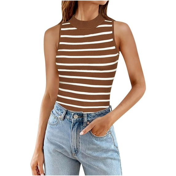 Slimming Tank Tops for Women,Summer Casual Striped Round Neck Shirt,Women's Soft And Cool High Crewneck Sleeveless Going Out Slim Fitted Summer Tank.