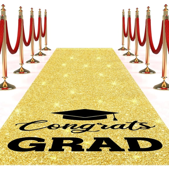 Sliner Glitter Gold Congrats Grad Carpet Runner Rug for Graduation Prom Party Decorations 2ft x 15ft Glitter Graduation Runway Rug for Prom Party Decor Aisle Runner for School College Grad Ceremony