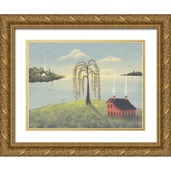 Sliney, John 24x19 Gold Ornate Wood Framed with Double Matting Museum Art Print Titled - Salt Box by the Lake II