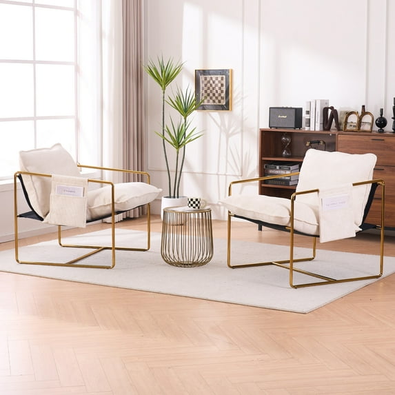 Sling Accent Chair Living Room Set of 2, Metal Framed Armchair with Removable Storage Bag, Upholstered Hanging Armchair with Arm Pocket, Square Metal Frame, Beige&Golden
