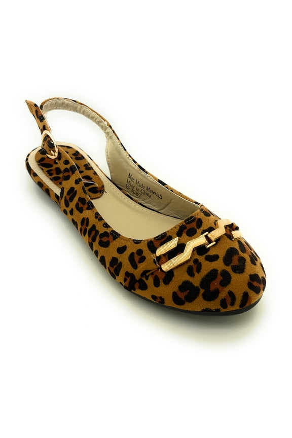 Women’s Leopard Print Slingback Flats – Open Back Pointed Toe Slip-On Shoes with Gold Chain Accent – Stylish Comfortable Casual Dress Flats for Work, Travel, or Everyday Wear